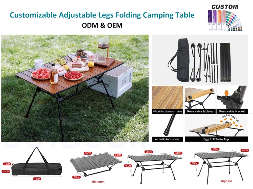 Mesa de acampamento dobrável com pernas ajustáveis