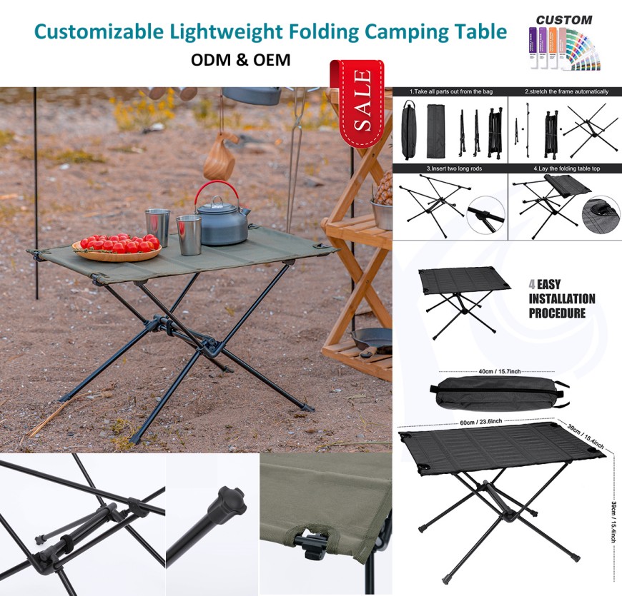 Mesa de acampamento portátil compacta de tecido lavável