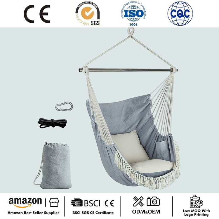 Cadeira suspensa portátil de macramê com bolso lateral